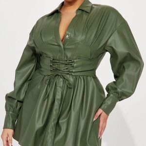 Bianca Faux Leather Mini Dress-Olive 3X